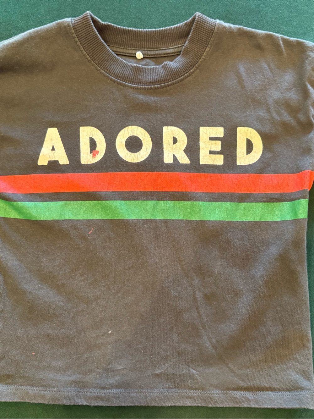 Mini Rodini Black Tee with Red and Green Stripes and ADORED Print